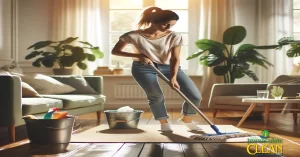 A woman cleaning a room with a mop