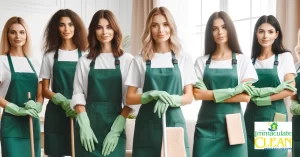 cleaning ladies wearing green aprons, ready for work. They are in a bright and clean space, equipped with their cleaning supplies, and they look motivated and professional.