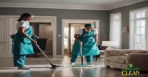 Three people in blue aprons cleaning a room