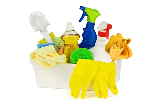 A set of cleaning supplies containing gloves, brushes, sponges, sprays, and cleaning solutions.