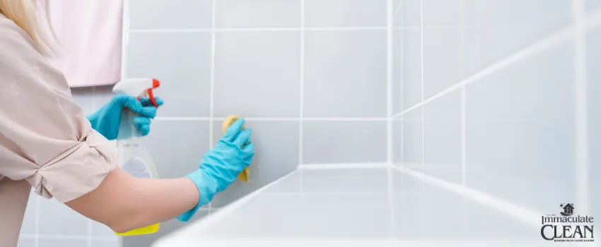 IC - A blonde woman wearing blue gloves cleaning the bathroom tile grouts