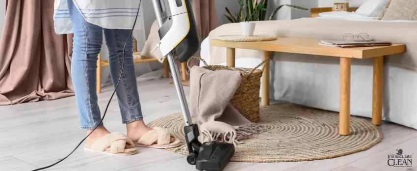 IC - Woman vacuuming her bedroom floor