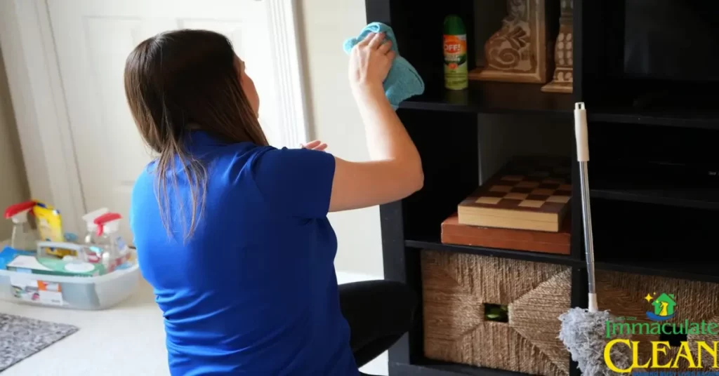 A woman cleaning a bookcase | IC