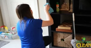 A woman cleaning a bookcase | IC