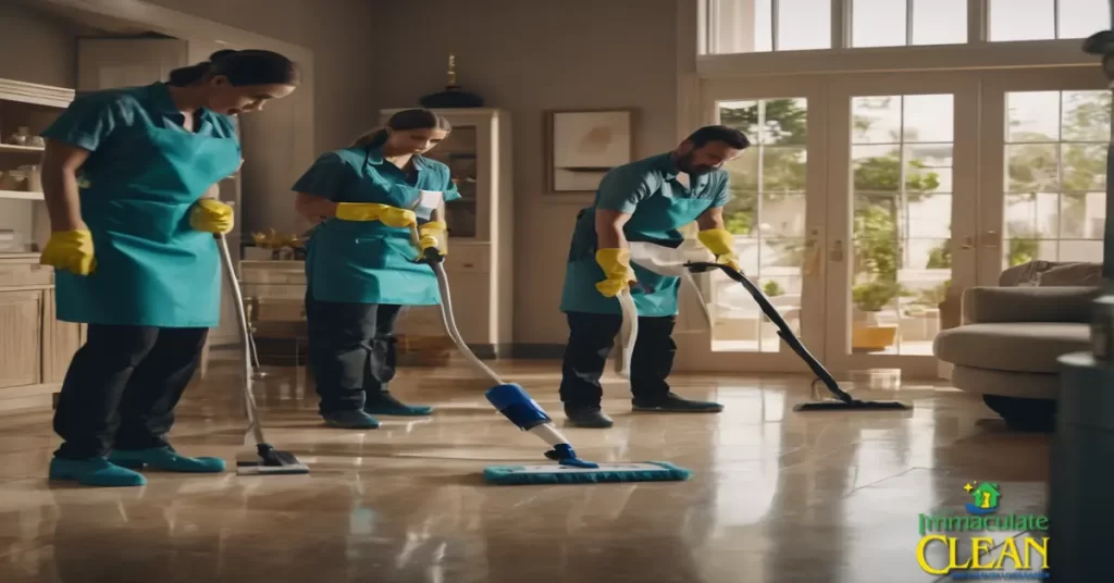 Three people in blue aprons cleaning a room