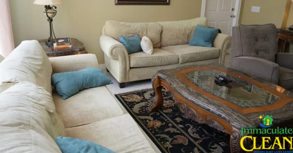 A cozy living room with a couch, coffee table, and two chairs.